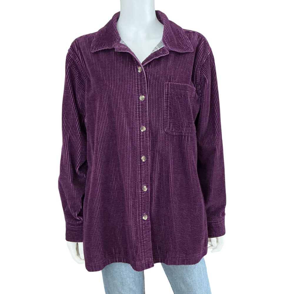 LL Bean Corduroy Shirt Jacket Womens L Purple Chore Barn Plaid Flannel Lined VTG - Picture 14 of 14